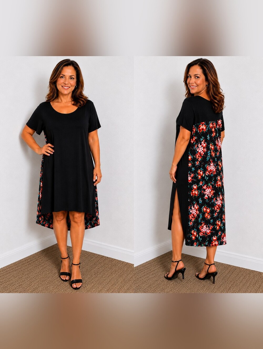 Agnes & Dora High-Low Mini/Midi Dress, Black with Orange Floral, Size XL, NWT